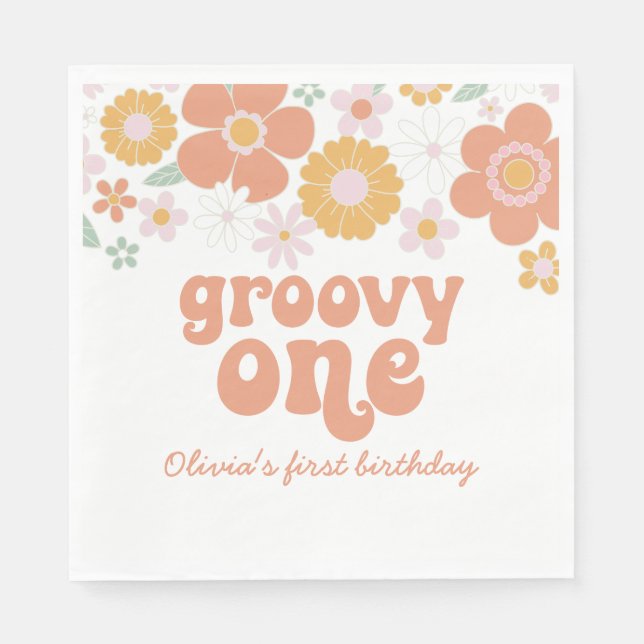 Groovy One Retro Floral första födelsedags servett (Framsidan)