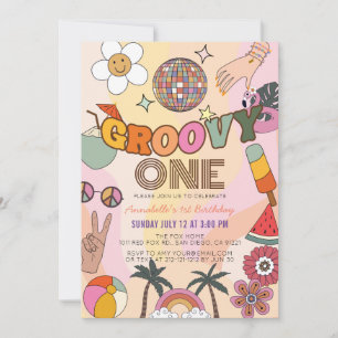 Groovy One Retro Girl 1:a födelsedagen Inbjudningar
