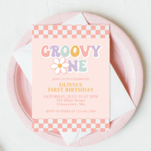 Groovy One Retro Girl First Birthday-inbjudan Inbjudningar