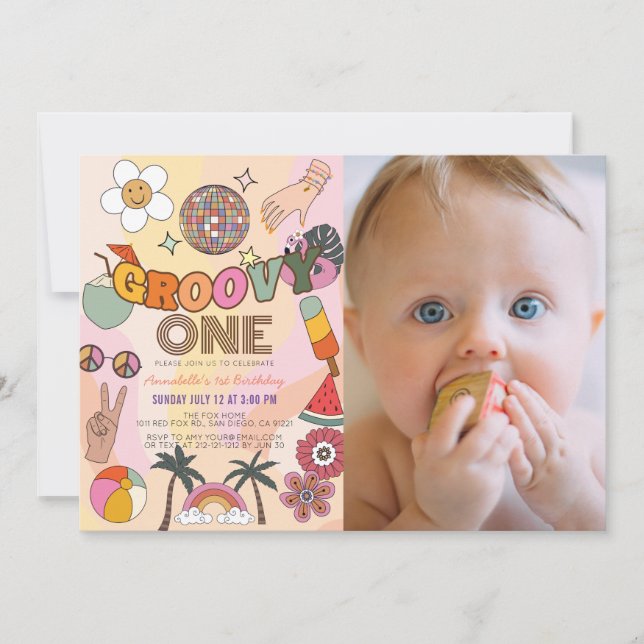 Groovy One Retro Girl Photo 1st Birthday Inbjudningar (Framsida)