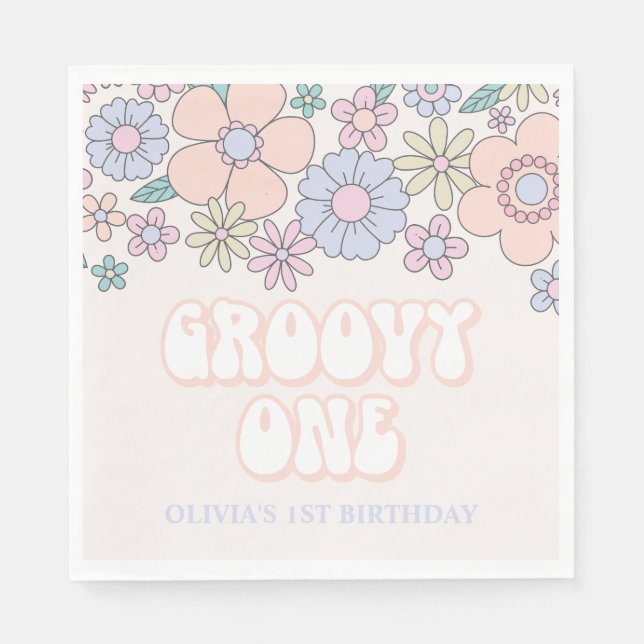 Groovy One Retro pastell blomstermönster 1-års föd Pappersservett (Framsidan)