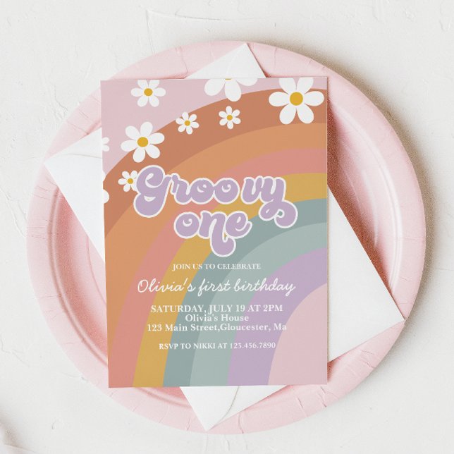 Groovy One Retro Rainbow 1:a födelsedagsinbjudan Inbjudningar (Skapare uppladdad)