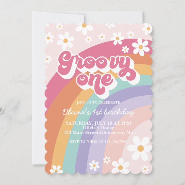 Groovy One Retro Rainbow 1-års inbjudan (Framsida)