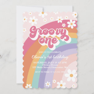 Groovy One Retro Rainbow 1-års inbjudan
