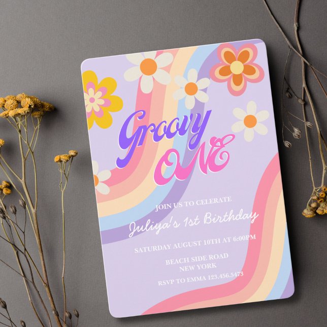 Groovy One Retro Rainbow 1a Birthday Inbjudningar (Skapare uppladdad)