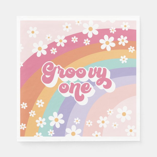 Groovy One Retro Rainbow 1a Birthday Pappersservett (Framsidan)