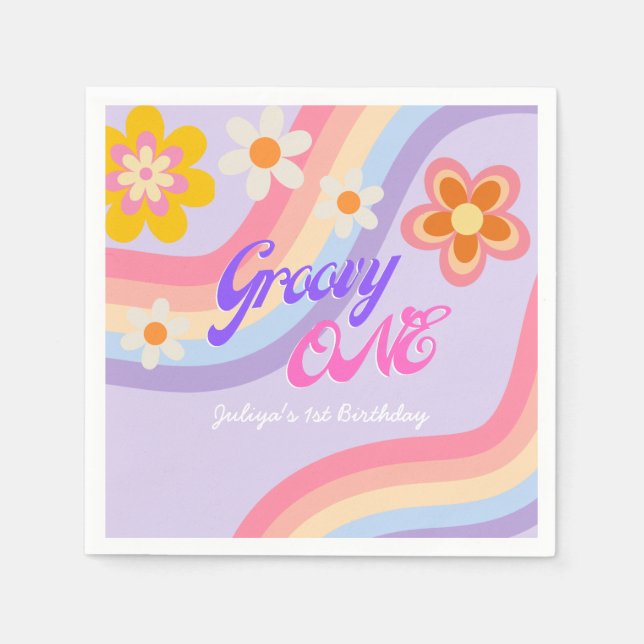 Groovy One Retro Rainbow 1a Birthday Pappersservett (Framsidan)