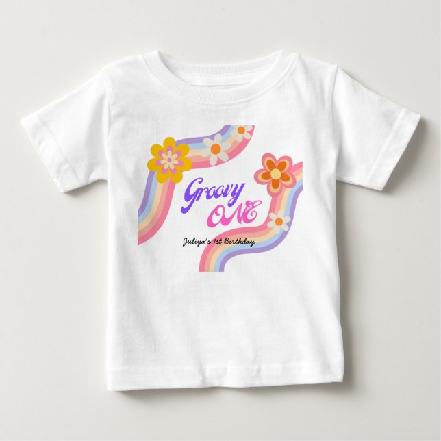 Groovy One Retro Rainbow 1a Birthday T Shirt (Framsida)