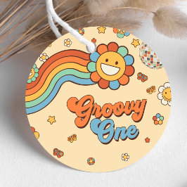 Groovy One Retro Rainbow 1st Birthday Party Gåvor Etiketter