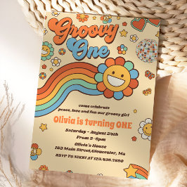 Groovy One Retro Rainbow 1st Birthday Party Inbjudningar
