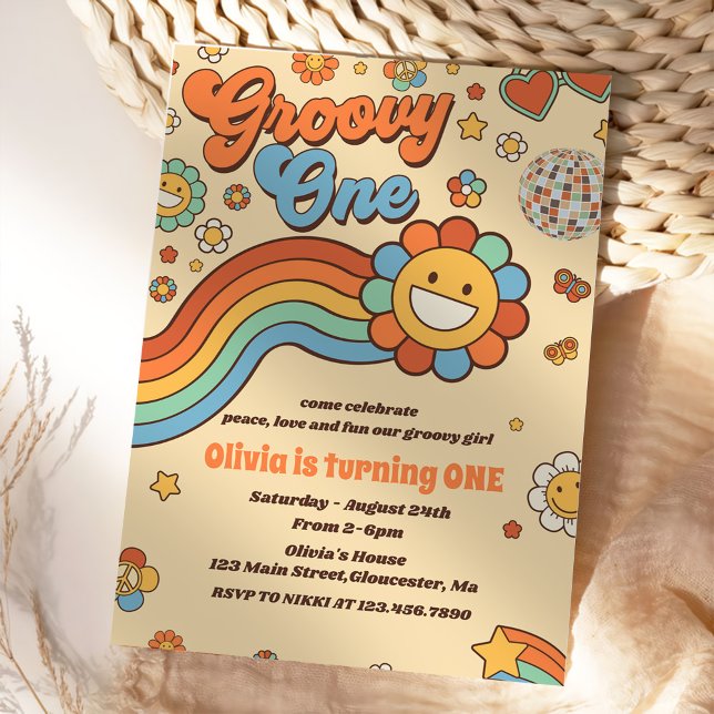 Groovy One Retro Rainbow 1st Birthday Party Inbjudningar (Skapare uppladdad)
