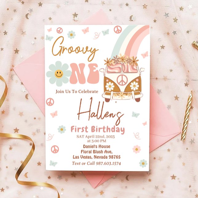 Groovy One Retro Rainbow Första födelsedag Inbjudningar (Skapare uppladdad)