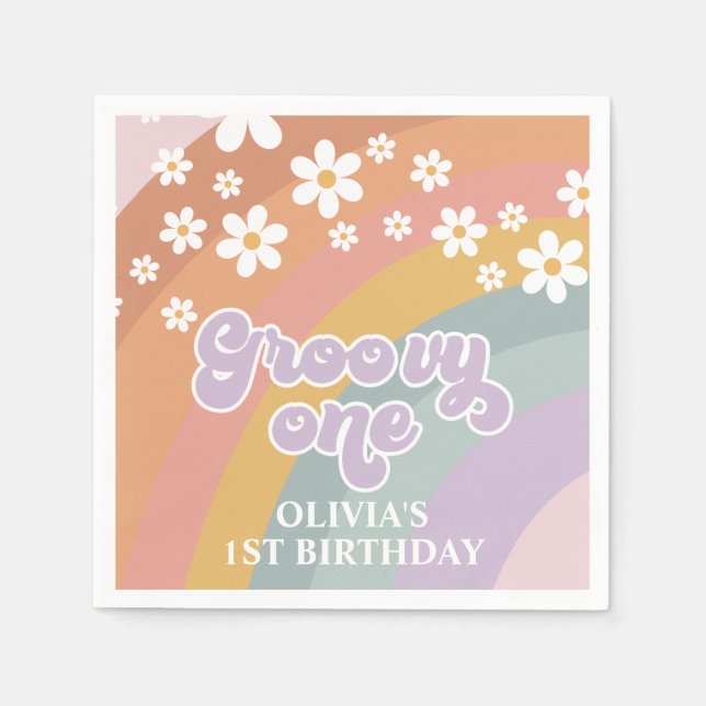 Groovy One Retro Rainbow Pappersservett (Framsidan)