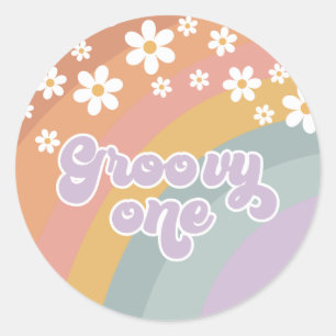 Groovy One Retro Regnbåge Runt Klistermärke