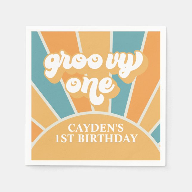 Groovy One Retro Sunshine Boy First Birthday Pappe Pappersservett (Framsidan)