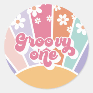 Groovy One Retro Sunshine Rainbow Daisy Runt Klistermärke