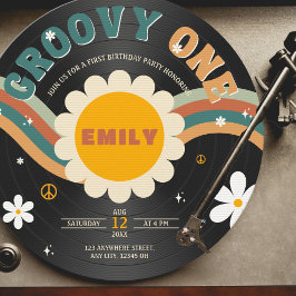 Groovy One Retro Vinyl Record Girl's 1st Birthday Inbjudningar