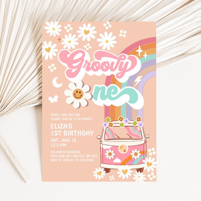 Groovy ONE Rosa Daisy Rainbow Van 1st Birthday Inbjudningar (Skapare uppladdad)