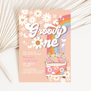 Groovy ONE Rosa Tusenskönor Regnbåge Hippie 1-årsd Inbjudningar