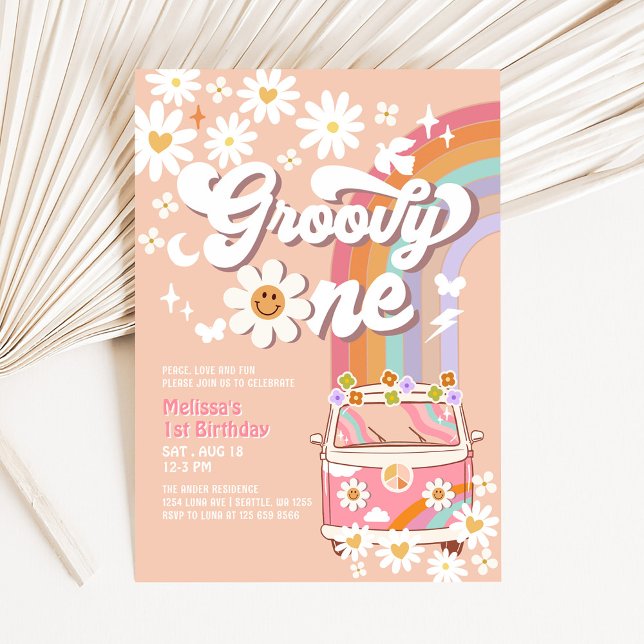 Groovy ONE Rosa Tusenskönor Regnbåge Hippie 1-årsd Inbjudningar (Skapare uppladdad)
