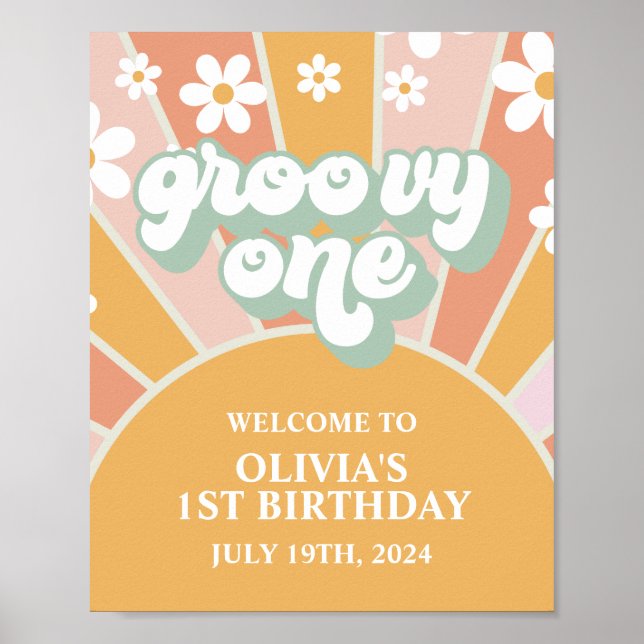 Groovy One Sunshine Första Födelsedags Välkomstsky Poster (Framsidan)