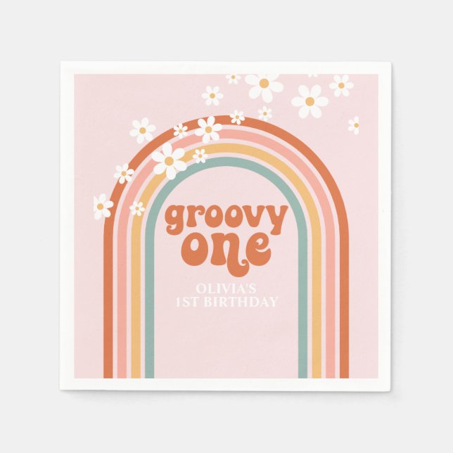 Groovy One tusenskönor boho blommig regnbåge 1-års Pappersservett (Framsidan)