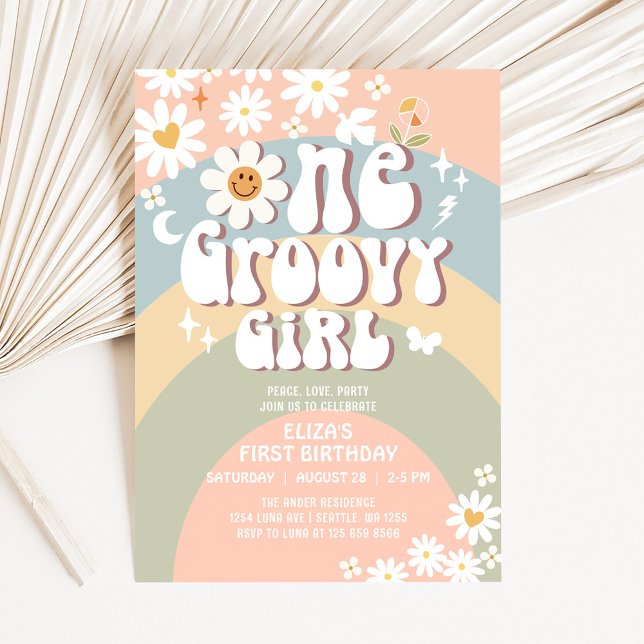 Groovy ONE Tusenskönor Hippie 70-tals Retro 1-års  Inbjudningar (Skapare uppladdad)