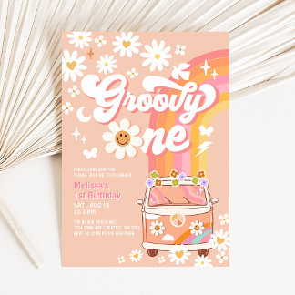 Groovy One Van Peach Daisy Rainbow 1 Birthday Inbjudningar