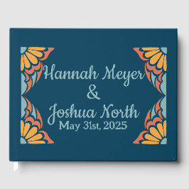 Groovy Orange Flowers on Deep Blue Bröllop Gästböcker