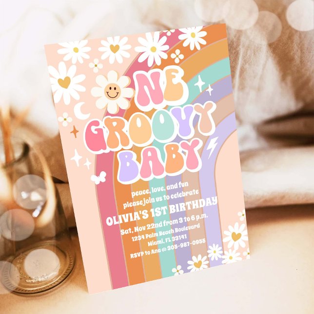 Groovy Pastell Regnbåge 1-års Födelsedag Inbjudningar (Skapare uppladdad)
