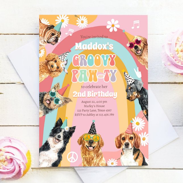 Groovy Pawty Retro Daisy Hippie Hund Girl Birthday Inbjudningar (Skapare uppladdad)