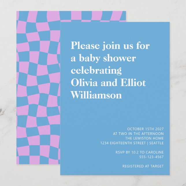 Groovy Periwinkle Checkerboard Cute Baby Shower Inbjudningar (Fram/baksida)