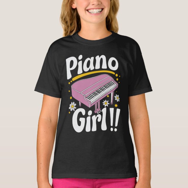 Groovy Piano Girl - Retro Rosa Grand Piano T Shirt (Framsida)