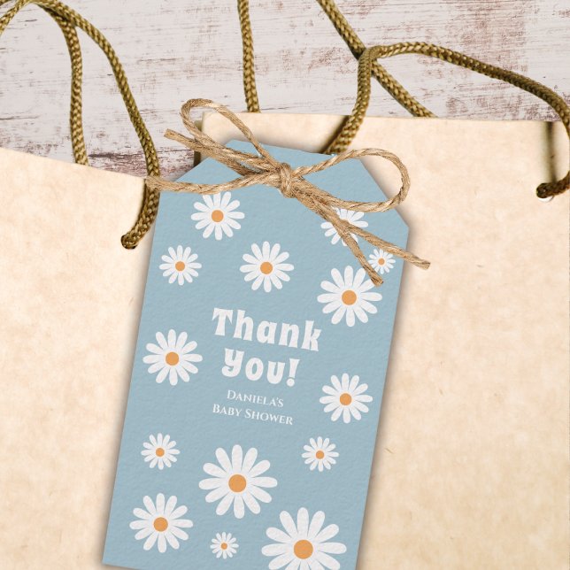 Groovy Pojke Shower Flower Power Tack Presentetikett (daisy retro baby boy shower thank you favor tag flower power daisies blue baby shower supplies)
