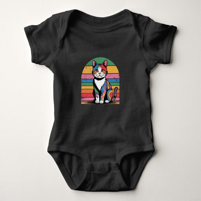 Groovy Psychedelic Cat Retro Baby T-Shirt (Framsida)
