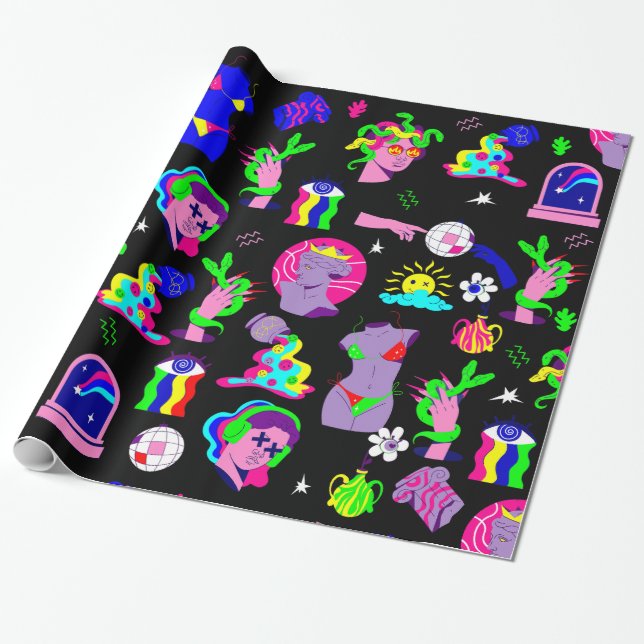 groovy psychedelic medusa disco black presentpapper (Utrullad)