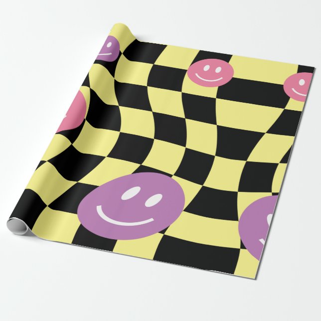 Groovy psychedelic Retro Smiley Checkerboard Presentpapper (Utrullad)