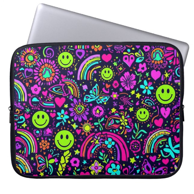 Groovy Psychedelic Smiley Face Laptop Sleeve - 70s (Framsidan)