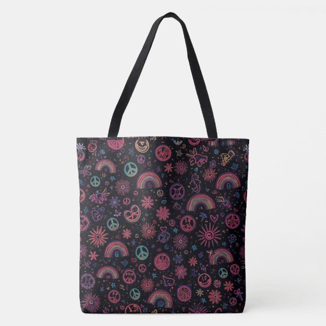 Groovy Psychedelic Tote Bag | 70s Rainbow & Smiley Tygkasse (Framsida)