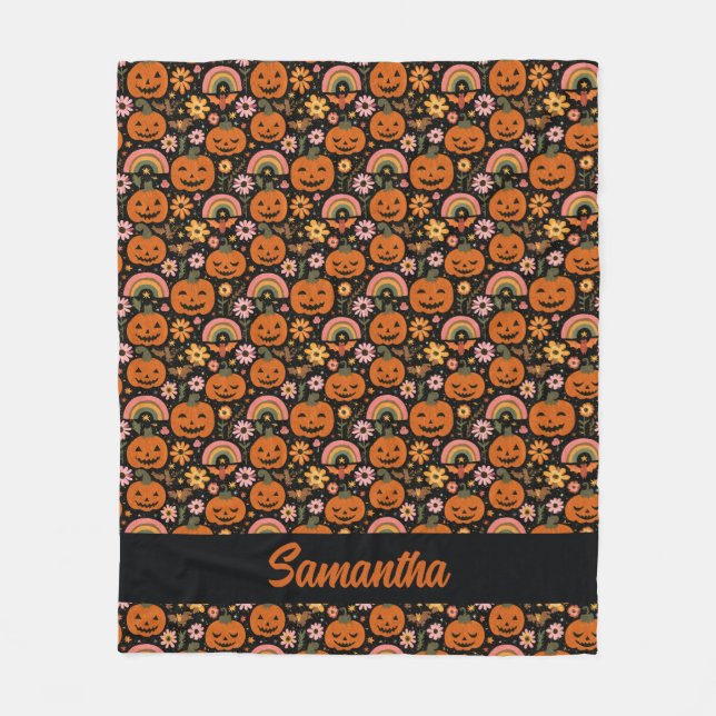Groovy Pumpkin och Rainbow Halloween Blommigt Fleecefilt (Framsidan)