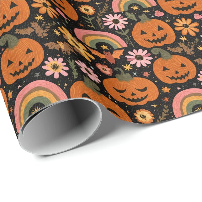 Groovy Pumpkin och Rainbow Halloween Blommigt Presentpapper (Rullad Hörn)