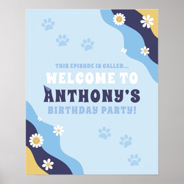 Groovy Puppy Welcome Sign Poster Birthday Blue (Framsidan)