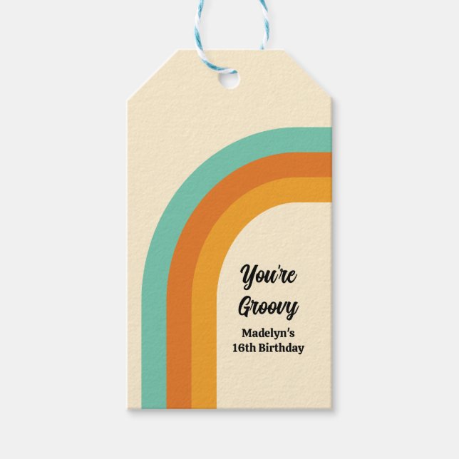 Groovy Rainbow 1970-talet Stil Turquise & Orange G Presentetikett (Framsidan)