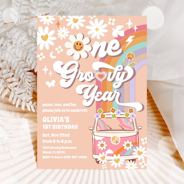 Groovy Rainbow 1-års födelsedagsinbjudan Inbjudningar (Skapare uppladdad)