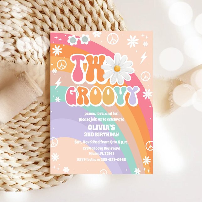 Groovy Rainbow 2nd Birthday Invitation Inbjudningar (Skapare uppladdad)