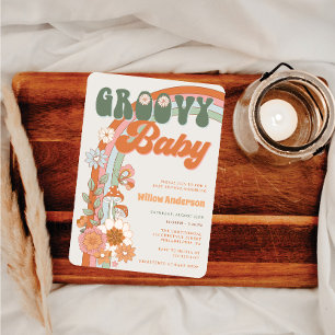 Groovy Rainbow Baby Shower Inbjudan Retro