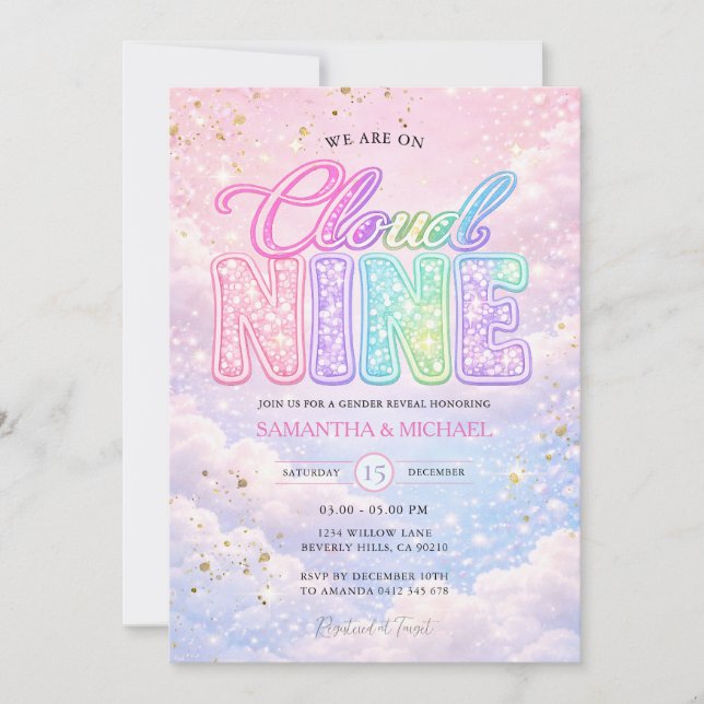 Groovy Rainbow Cloud Nine Glitter Gender Reveal  Inbjudningar (Framsida)