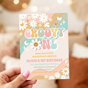 Groovy Rainbow Daisy 1-års inbjudan