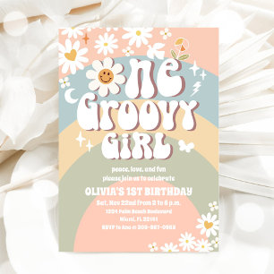 Groovy Rainbow Daisy 1-årsdag Inbjudningar