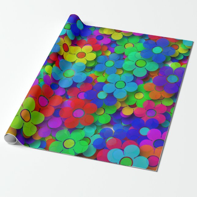 Groovy Rainbow Flowers Blue Presentpapper (Utrullad)